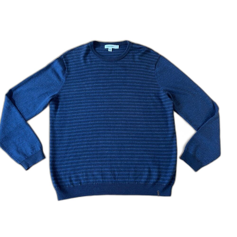 Calvin Klein Merino Wool Blend Blue Striped Crewneck Fall Sweater Sz L Preppy